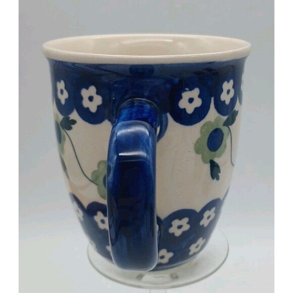 Polish Boleslawiec Green Blue Floral Mug Hand Painted 3.75” Tall - Picture 4 of 8